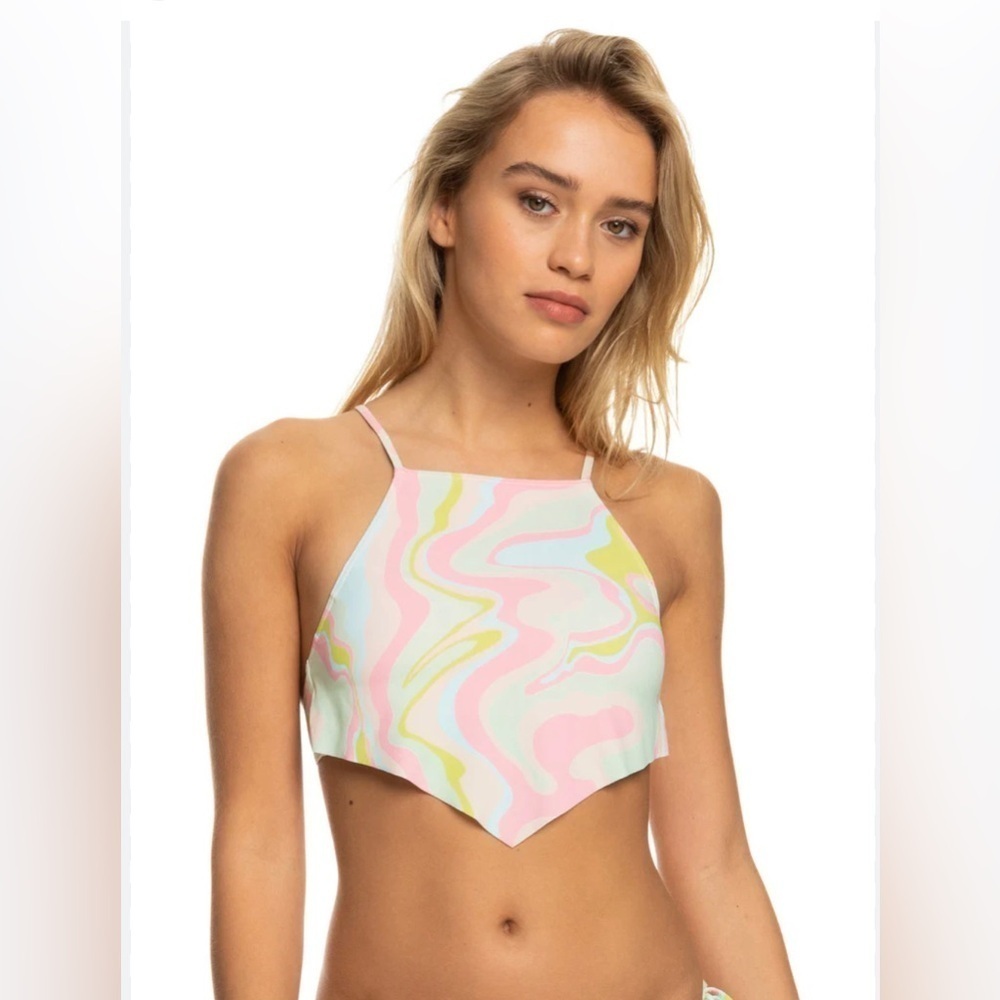 Women’s Pastel Marble High-Neck Swim Top - Pink